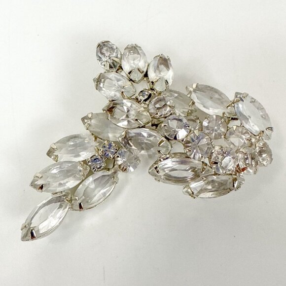 Vintage Silver Tone Open Back Clear Rhinestones Swirl Leaf Brooch - Picture 3 of 5